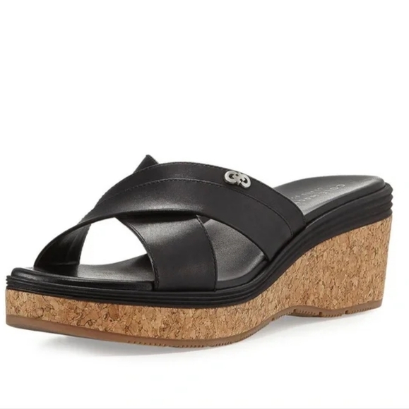 Cole Haan Grand.OS Black Leather Cork Wedge Sandals Slide 7B Comfort - Picture 1 of 14